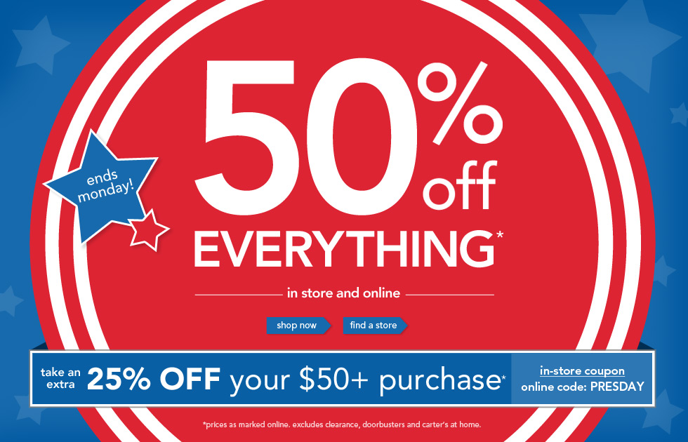 Carter’s卡特童装官网 全场5折叠加满$50额外75折