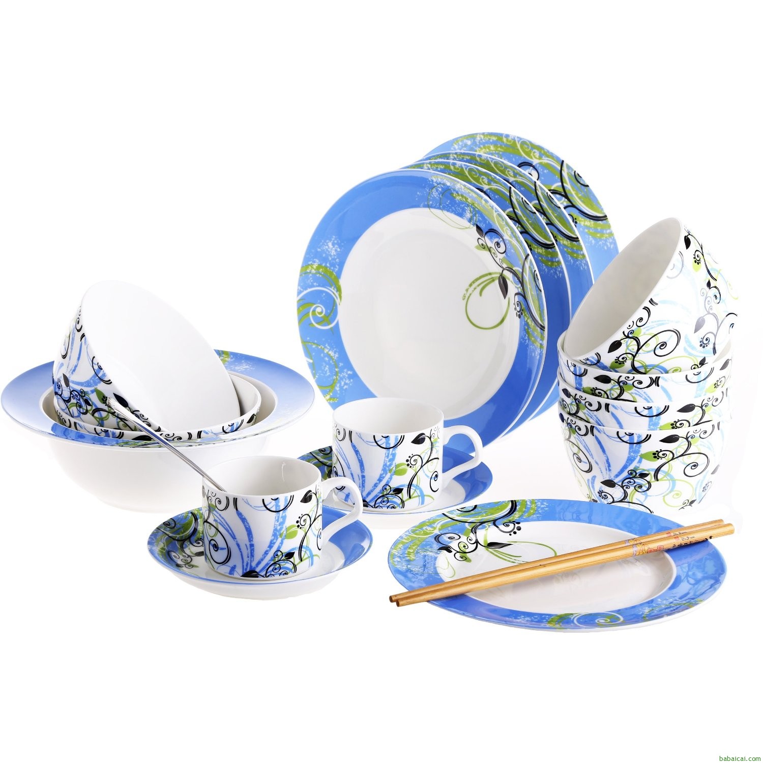 抢白菜~秒杀+满减！大聚缘蓝色畅想曲22件骨质瓷餐具+￥50赠品实付￥129
