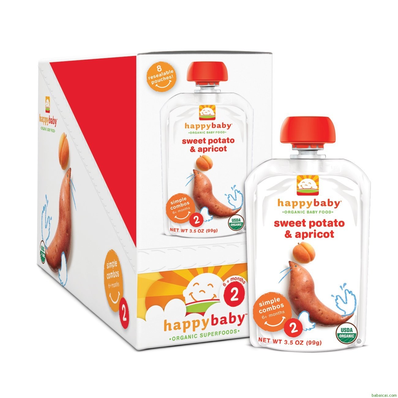 禧贝Happy Baby 2段有机果泥蔬菜泥 甜杏甘薯16袋S&S后$18.9