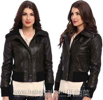 6PM；DKNY Leather Bomber女士 山羊皮飞行员款夹克 原价$520，现特价$126.99