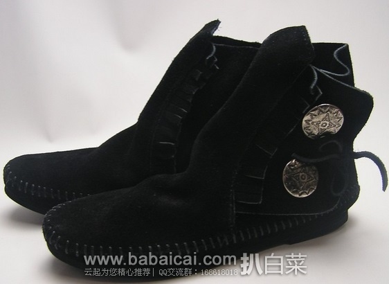 白菜!迷你唐卡 Minnetonka Two Button 两扣中帮流速裸靴脚踝原价$45,现浅棕色$29.96,黑色$28.02,到手仅¥266~272 白菜!迷你唐卡 Minnetonka Two Button 两扣中帮流速裸靴脚踝原价,现浅棕色.96,黑色.02