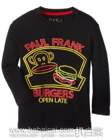 Paul Frank 大嘴猴与汉堡图案 2-7岁 男童长袖T恤特价仅$7.11，直邮无税