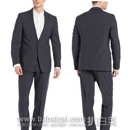 Calvin Klein 男士 深灰色全羊毛西装含裤套装(含裤子) 原价$650，现2.4折售价$154.52