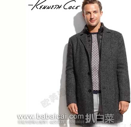 Kenneth Cole 凯尼斯·柯尔 男士羊毛呢大衣 原价5,现1.8折售价.81
