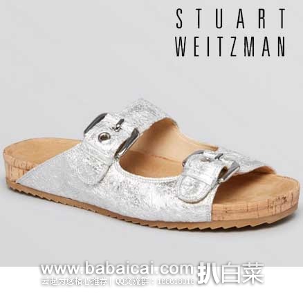 Stuart Weitzman 斯图尔特·韦茨曼 女士真皮金属搭扣款软木鞋底凉拖鞋 原价$325，现金属银色1.7折售价$54.02