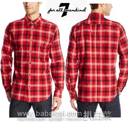 7 For All Mankind 7牌 男士 柔软法兰绒纯棉长袖格纹衬衫 原价$138，现2.4折售价$32.72