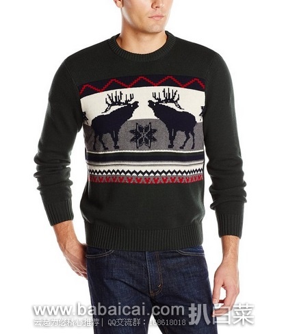 Dockers 驼鹿雪花拼色男士圆领针织毛衣原价$65，现新低$18.84