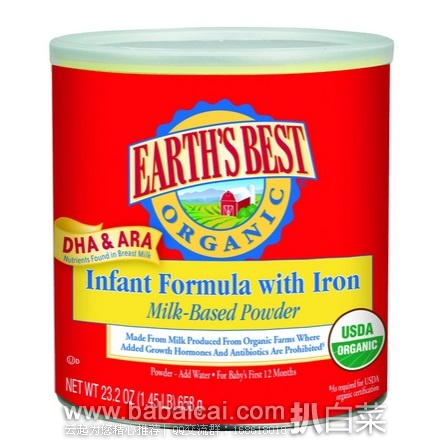 Earths Best 地球最好 含铁配方 有机婴幼儿奶粉658g*4罐$106.22，用券85折+S&S