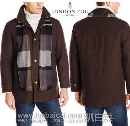London Fog 伦敦雾羊毛混纺 男式单排扣大衣（附围巾）原价$250，现2.8折秒杀价$69.99