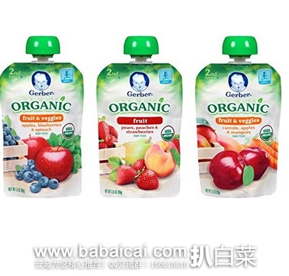 Gerber 2阶段 有机蔬菜果泥*18袋现$24.57，用券85折+S&S再85折新低$17.19