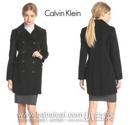 Calvin Klein 女款 经典款双排扣羊毛混纺大衣 原价$300，现2.4折售价$72.77