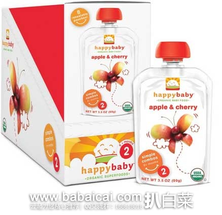 Happy Baby Organic 二阶段 婴幼儿有机辅食 樱桃苹果口味 99g*16包， 现售价$17.99，下单8折，折后实付$14.39