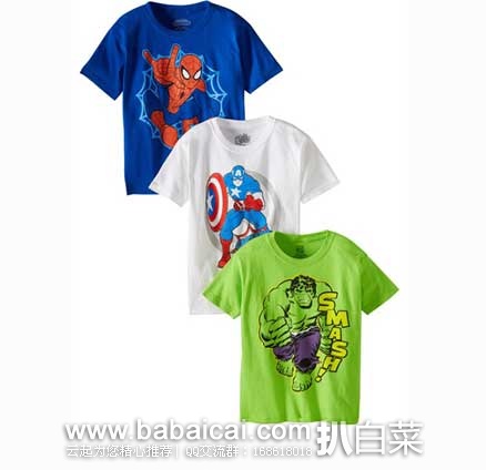 Marvel漫威 Little Boys’ Character Tee经典圆领款纯棉男孩T恤 3件装 原价$30，现4.9折售价$14.99