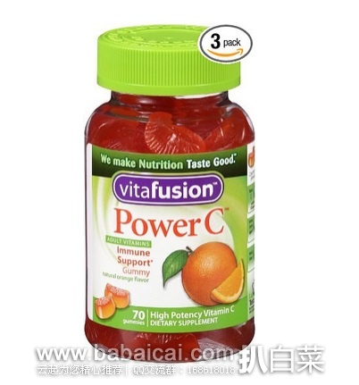 Vitafusion Power C 天然水果口味 维生素C水果软糖70粒装*3瓶特价$10.07，S&S够$9.57