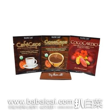 iHerb：Madre Labs 3款有机功能性饮品 速溶咖啡/可可粉等3袋试用装特价$0.1，凑单95折+直邮免运费，到手￥0.6
