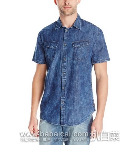 Calvin Klein 男式牛仔短袖衬衫原价$80，现$22.72，公码7折$15.9，直邮无税，运费$3.98