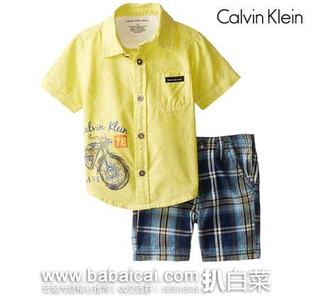 Calvin Klein 卡文克莱 Yellow Shirt with Plaid Shorts 小男孩套装 （原价$44.50，现2.2折售价$9.8），公码8折后实付$7.84