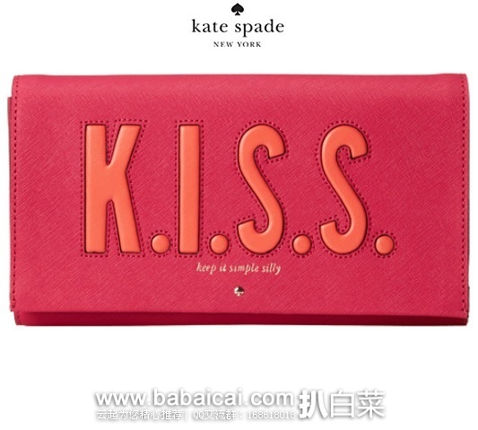 6pm：Kate Spade 凯特丝蓓 Love Birds Tally 漂亮玫红色kiss手拿包 长款钱包 原价$268，现$107.99，公码9折历史低价$97.19，到手￥676