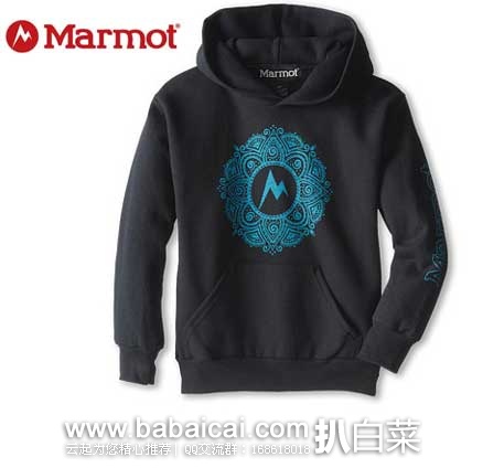 6PM：Marmot 土拨鼠Kids Willow 童款 黑色印花图案连帽卫衣  原价$45，现3.3折售价$14.99