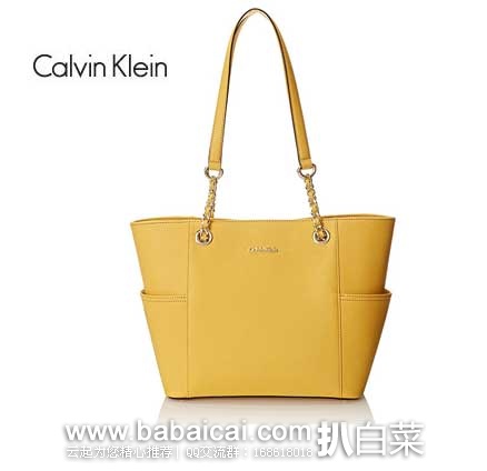 Calvin Klein SaffiaNo Leather Chain Tote 女款 CK十字纹牛皮单肩托特包 （原价$178，现5.2折售价$92.99），公码8折后实付$74.3，史低