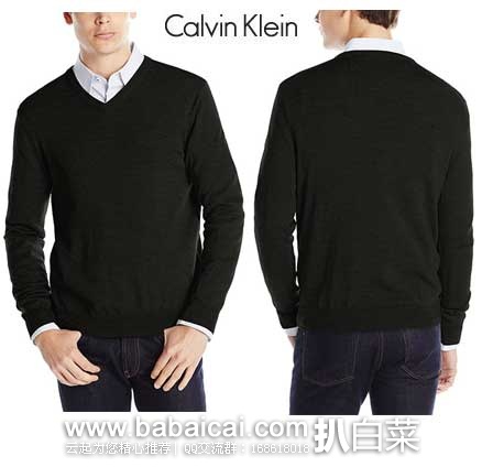 Calvin Klein 卡文克莱 Merino Contrast Back 美利奴羊毛 男士 V领 羊毛衫  原价$89.5，现$49，公码8折$39.2    可直邮！100%美利奴羊毛~