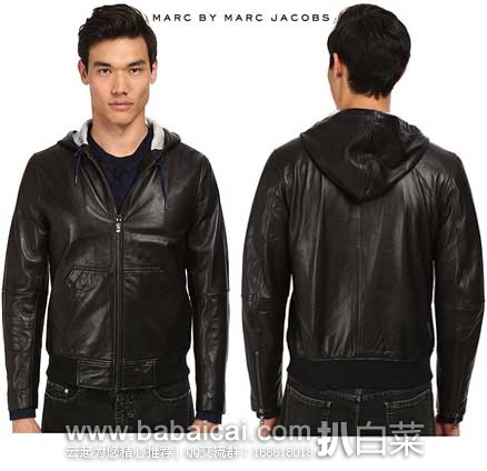 Marc by Marc Jacobs 马克雅各布  男士绵羊 机车款连帽皮夹克 （原价高达$998，现仅售$549.99），公码85折后实付$467.49