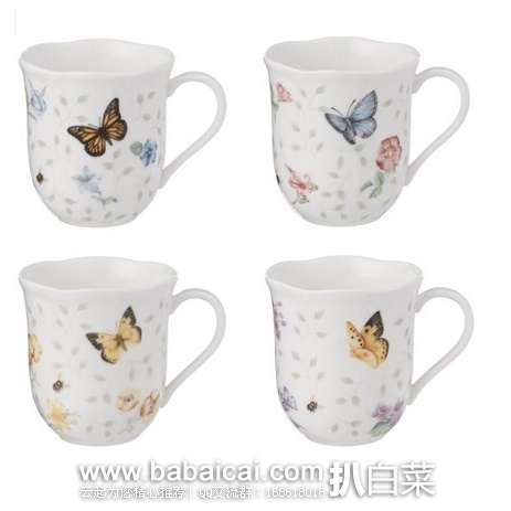 白宫御用陶瓷品牌 Lenox 蝴蝶 造型300ml水杯4件套装 原价$79,现$27.8,直邮无税
