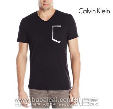 Calvin Klein Short-Sleeve 男款 V领 纯棉休闲T恤  原价$39.5，现售价$13.33，新低