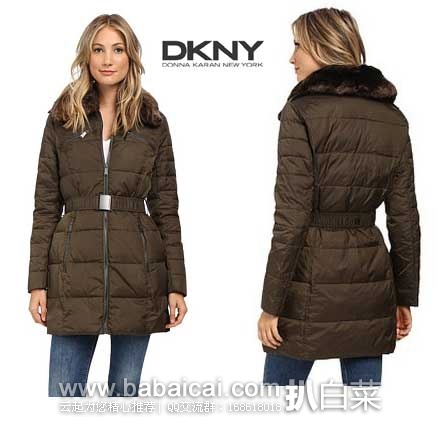 6PM：DKNY 唐娜·卡伦 Belted Faux Fur Hooded 女士中长款羽绒服  原价$354，现2.5折特价$89.99