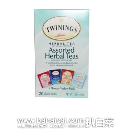 iHerb：Twinings 川宁花草茶包组合4种口味 今日限时特价$1，8折+凑单直邮免运费，到手￥5，英国皇家御用茶