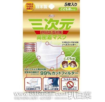 日本亚马逊：三次元 儿童用 防PM2.5口罩5个装  现售价408日元（约￥23元）