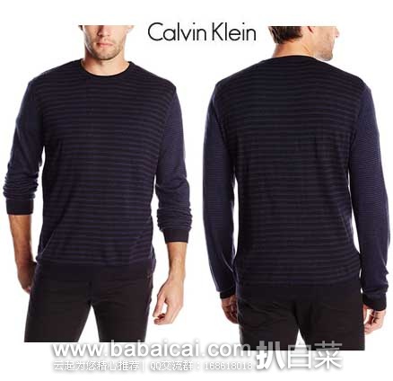 Calvin Klein 卡文克莱 Merino Striped Crew 男士 圆领美利奴羊毛混纺毛衫 原价$89.5，现仅$20.16左右，直邮无税，到手约￥170