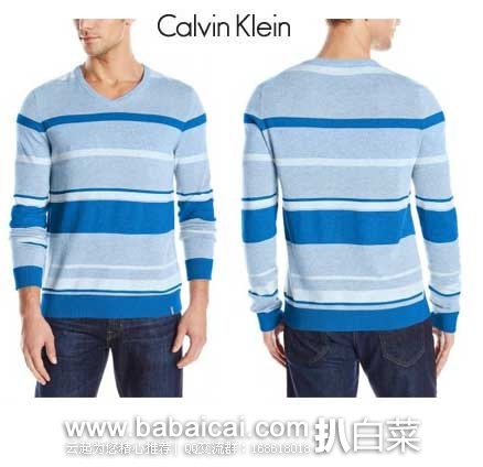 Calvin Klein 男士 莫代尔 V领横条拼色针织衫  原价$89.5，现3折售价$26.79