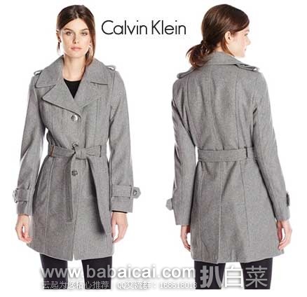 Calvin Klein 女士 翻领款羊毛混纺大衣  原价$250，现2.4折售价$60.54