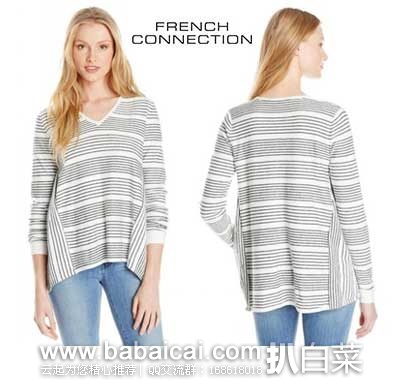 French Connection 女士 Pinstripe Crochet Sweater V领 条纹长袖针织衫 原价$108，现3.2折售价$34.31