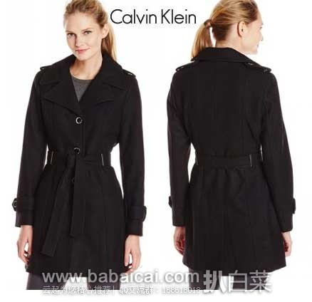 Calvin Klein 女士  翻领收腰款 羊毛混纺大衣 原价$250，现售价$60.95