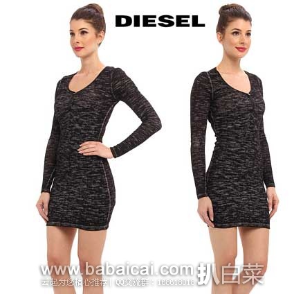 Diesel D-Blair Ribbed Dress 迪赛 女士 长袖V领包臀连衣裙 原价$188，现3折售价$56.4