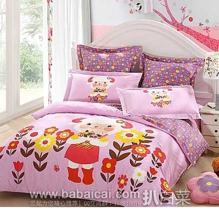 LOVO罗莱家纺官网：LOVO 儿童-花与小羊 全棉斜纹印花四件套