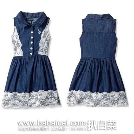 U.S. Polo Assn.小女孩 牛仔 蕾丝连衣裙 特价$12.49,到手约¥120