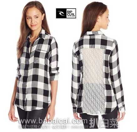 Rip Curl 女款 长袖 纯棉黑白格子衬衫  原价$59.5，现S码售价$15.47