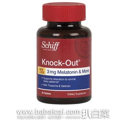 Schiff Knock-Out with Melatonin 3mg, Theanine and Valerian Sleep Aid Supplement, 50 Count 维骨力褪黑素配方 Schiff Knock-Out with Melatonin 3mg 维骨力褪黑素配方50粒 现售价.24,下单85折 S&S优惠5%后.99