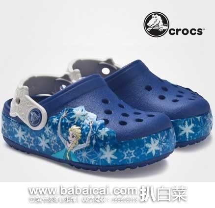 6PM：CROCS 卡洛驰 CrocsLights Frozen Clog 童款《冰雪奇缘》艾莎公主印花洞洞/沙滩鞋 原价$45，现特价$29.99