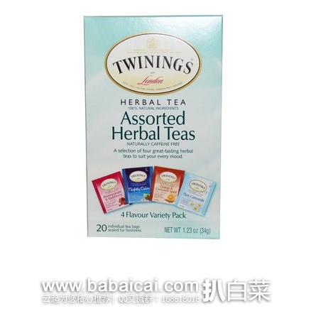 iHerb：英国皇家御用茶 Twinings 川宁花草茶包组合4种口味 共20包 限时特价$1.99，公码9折+凑单直邮免运费，到手约￥12