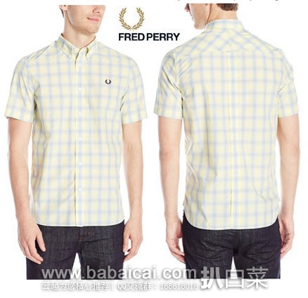 Fred Perry  弗莱德.派瑞 Tartan-Gingham 男士 短袖纯棉格子衬衫 原价$110，现售价$44.06
