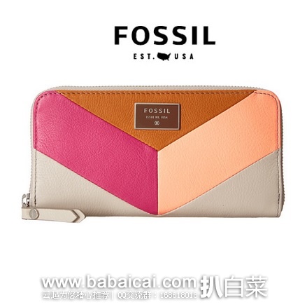 6pm：Fossil 化石 女士真皮撞色钱包 原价$80，现$39.99，公码9折$35.99，到手仅￥280