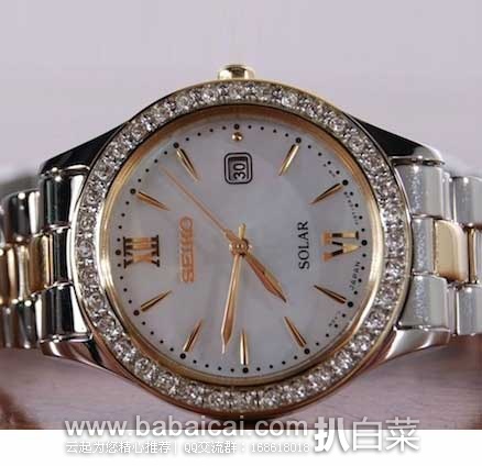 Prime会员专享7折！SEIKO 精工 珍珠母贝+镶水晶太阳能女表 现售价$129.99，会员7折后新低$90.99