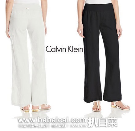 Calvin Klein 女士 Linen Pant with Elastic Waistband 亚麻纯色宽腿裤  原价$70，现3折$20.85