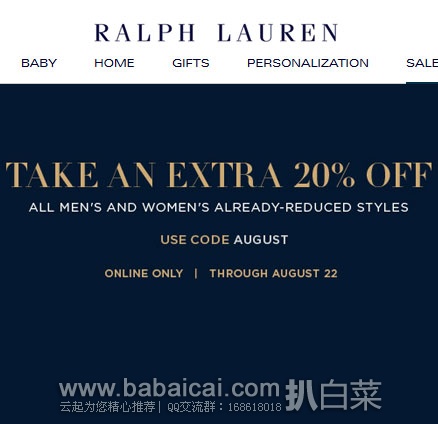 Ralph Lauren拉夫劳伦:sale商品3折+额外8折,满5免邮 !