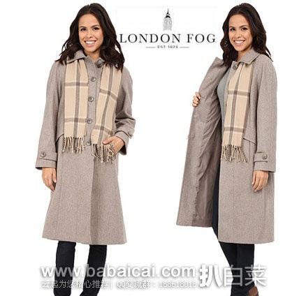 6PM：London Fog 伦敦雾 女士 羊毛混纺大衣，原价$250，现1.4折特价$34.99