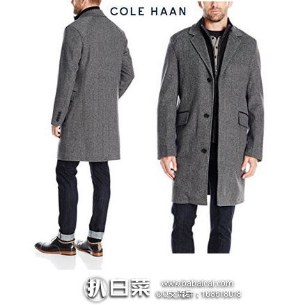 金盒特价，Cole Haan 可汗 男士 经典单排扣小翻领羊毛混纺长款大衣  原价$698，现降至1.4折 $94.99